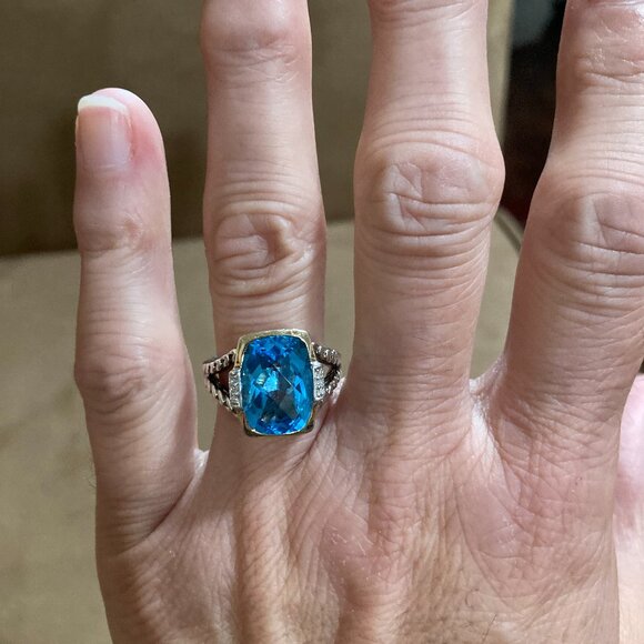 Sterling Silver 14K Yellow Gold Blue Topaz Diamond Ring Size 7 1/2 - Picture 8 of 8